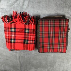 Vintage Troy Leisure Blanket And Bag Red Plaid Tartan Carrying Case Made In USA